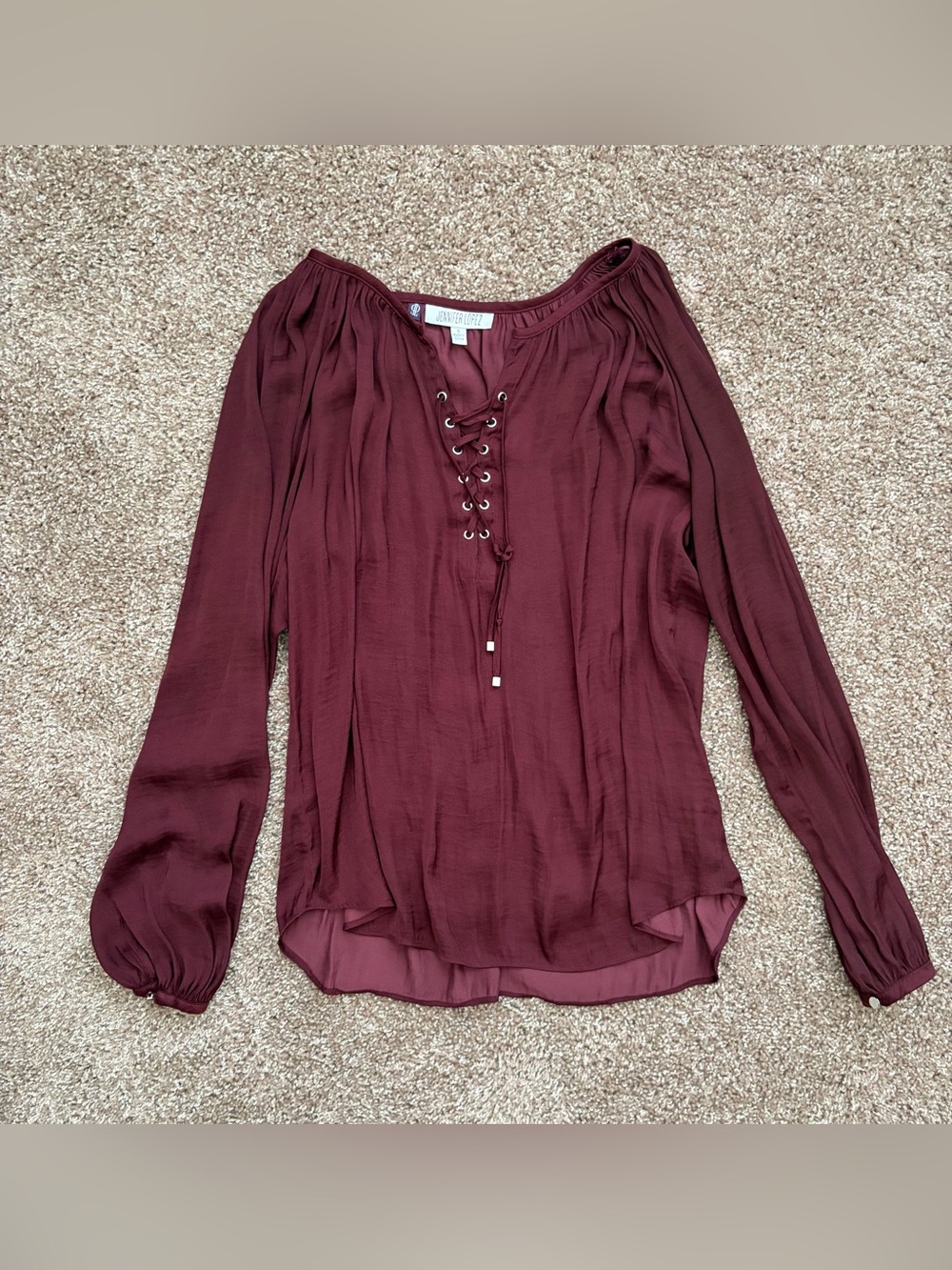 Jennifer Lopez Red Burgundy Lace-Up Peasant Blouse